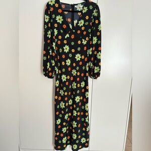 Floral Long Sleeve Dress in Black with Green and Orange Flowers